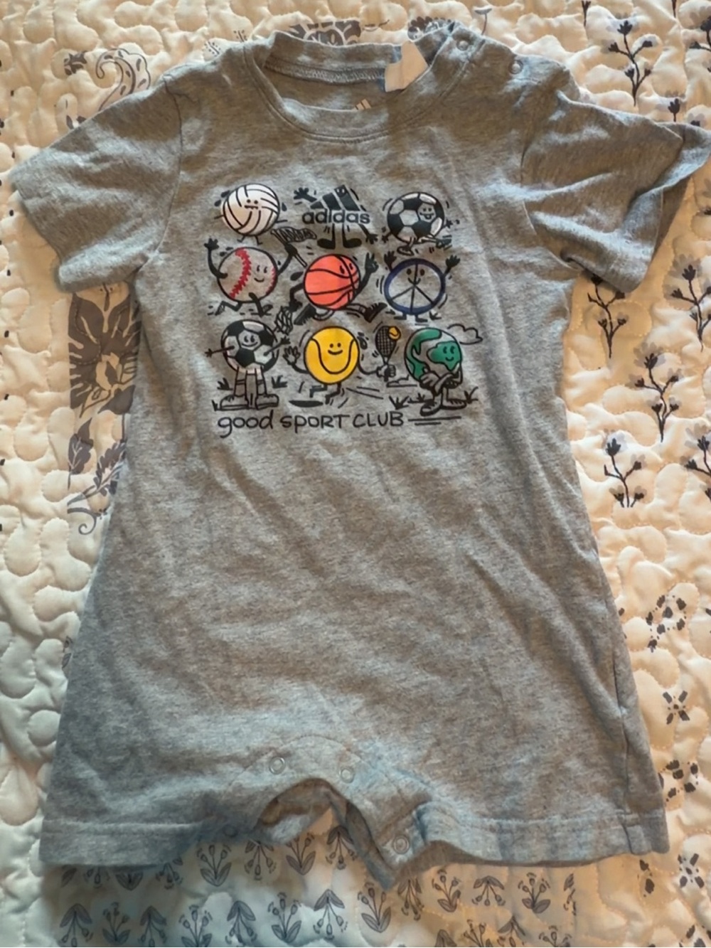 adidas Gray Baby One Piece with Colorful Sports Icons